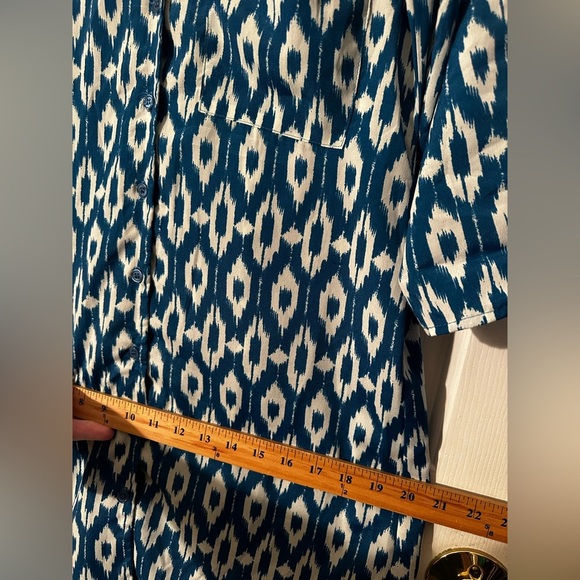 MAEVE Anthropologie Blue XS 3/4 Roll Tab Sleeve Ikat HiLo Belt V Neck Shirtdress - Picture 15 of 16